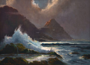 Scott McDaniel (AK), "Winter Surf" oil on board, 1972. Featured at the 1972 Fur Rendezvous Juried Art Show.