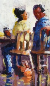 Danny Mayes (WA), "Having Lunch with a Friend" acrylic on paper, 4.75" x 8.25"