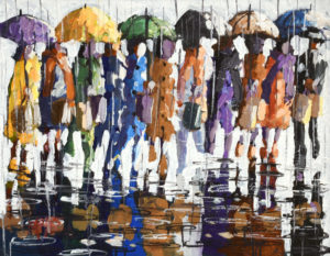 Danny Mayes (WA), "Umbrella Parade" acrylic on board, 28" x 22"