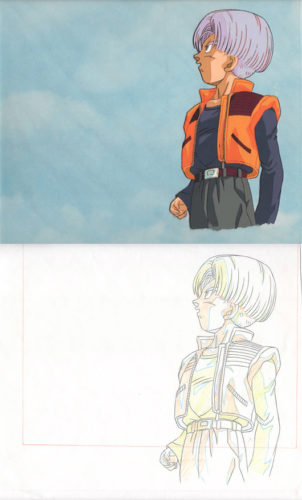 End of DBZ, teen Chibi Trunks. Vertical pan cel, with matching sketch, both trimmed to standard size. I reunited these pieces which were separated at some point. Scanned with non-matching background.